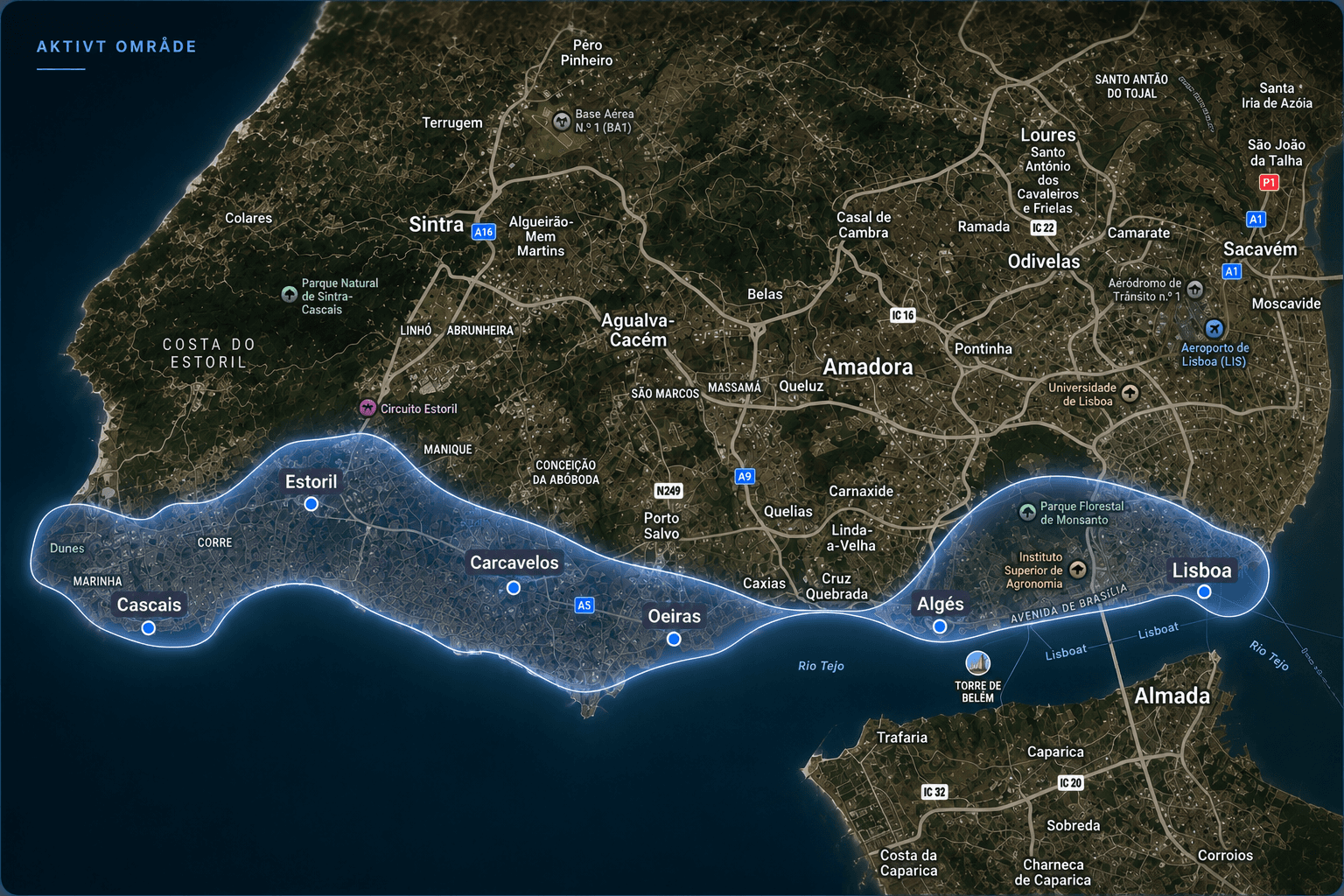 Karta över kustområdet mellan Lissabon och Cascais
